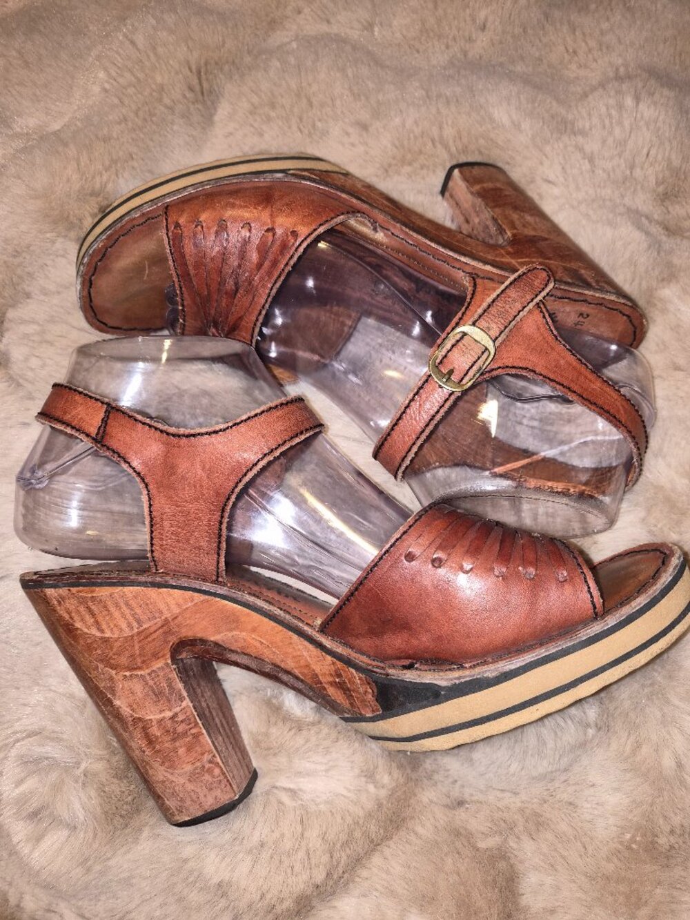 Vintage 1970 Thom McAn Wooden Platform Wedge Sandles